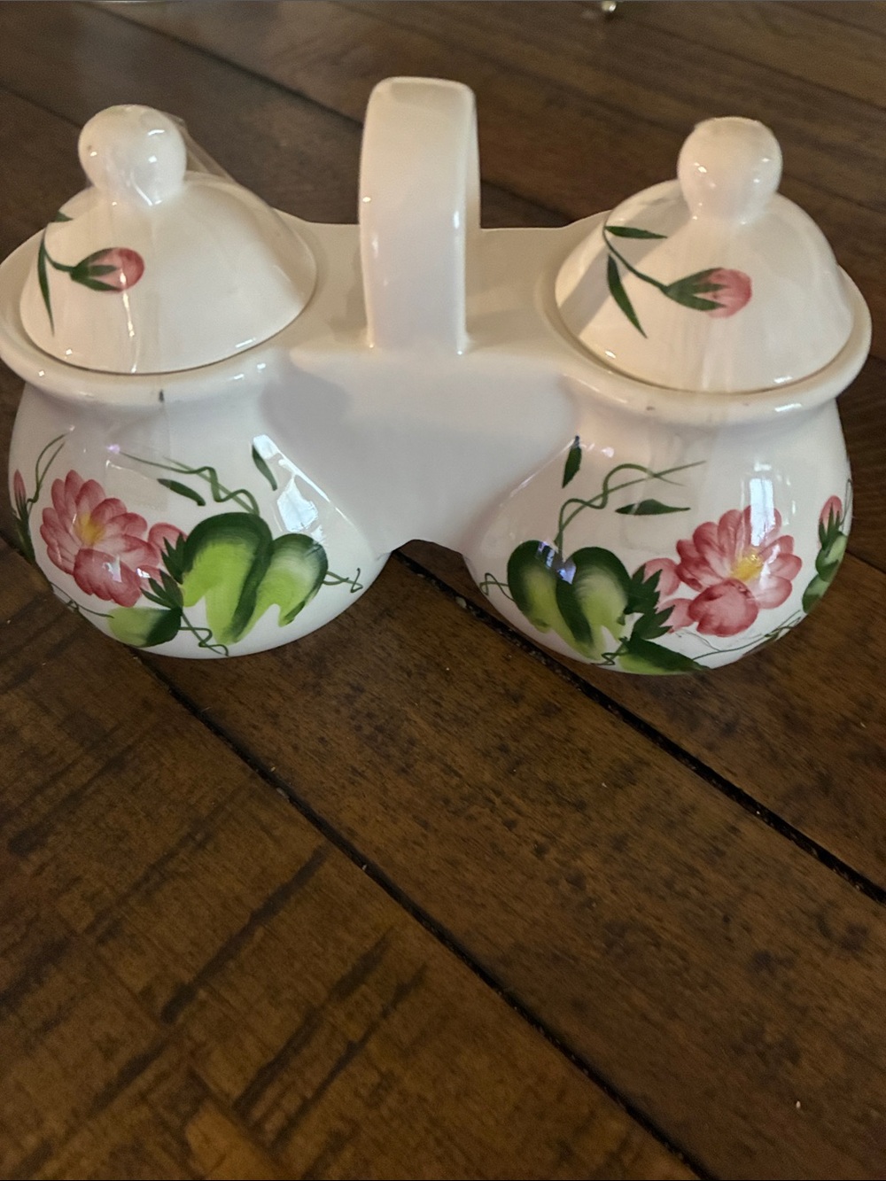 Ceramic Double Condiment Jar Set with Handle - White Floral